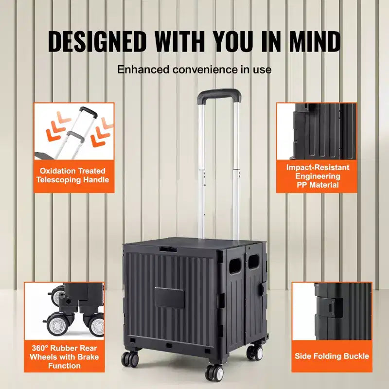 Chariot utilitaire pliable, capacité de charge de 110 lb, caisse roulante portable pliable avec poignée télescopique robuste et 4 roues pivotantes