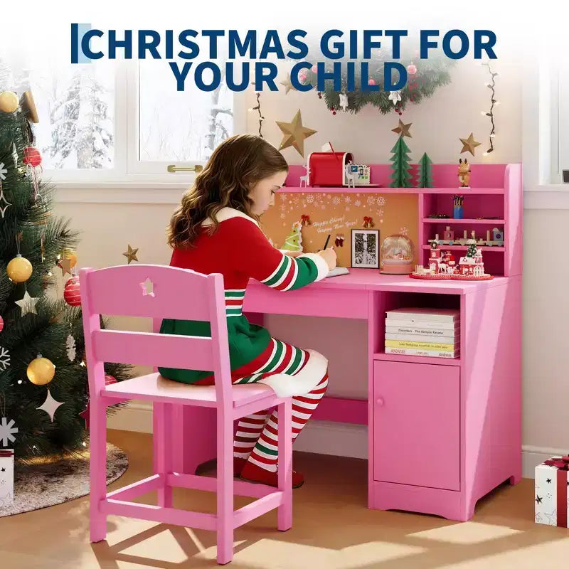 Bureau et chaise d'étude pour enfants avec rangement, bureau d'étude pour enfants avec étagère et plateau inclinable, table en bois pour enfants avec meuble de rangement pour les 3-8 ans