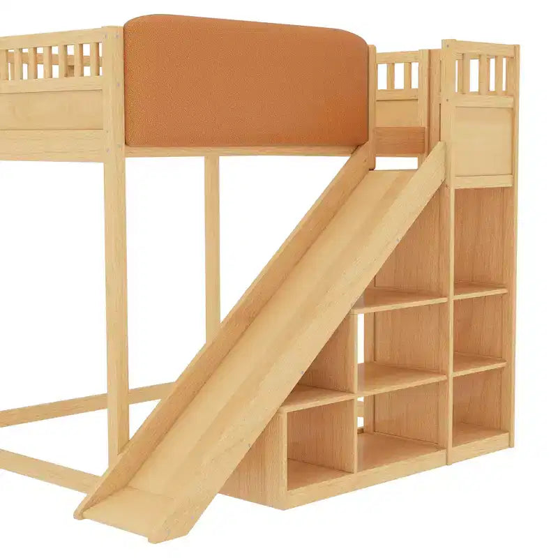 Lit mezzanine Bellemave avec tête de lit rembourrée et étagères de rangement, cadre de lit mezzanine en bois massif avec échelle et toboggan pour enfants