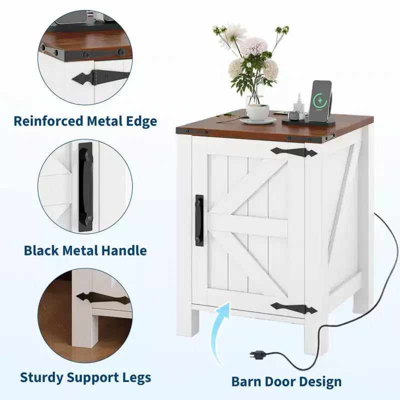 Lot de 2 tables de chevet de ferme avec station de recharge, table de nuit rustique avec porte de grange et étagère réglable, petite table d'appoint pour chambre et salon.