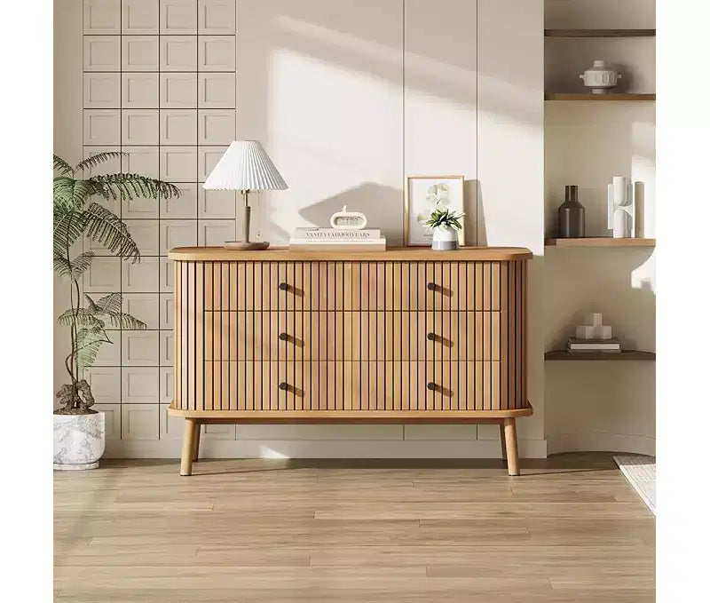 Commode, commode horizontale à 6 tiroirs avec poignées noires et pieds en bois, aspect bois naturel