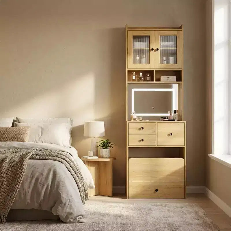 Coiffeuse 3-en-1 avec miroir lumineux, table de toilette compacte avec tiroirs, compartiment de rangement et tabouret roulant pour chambre à coucher