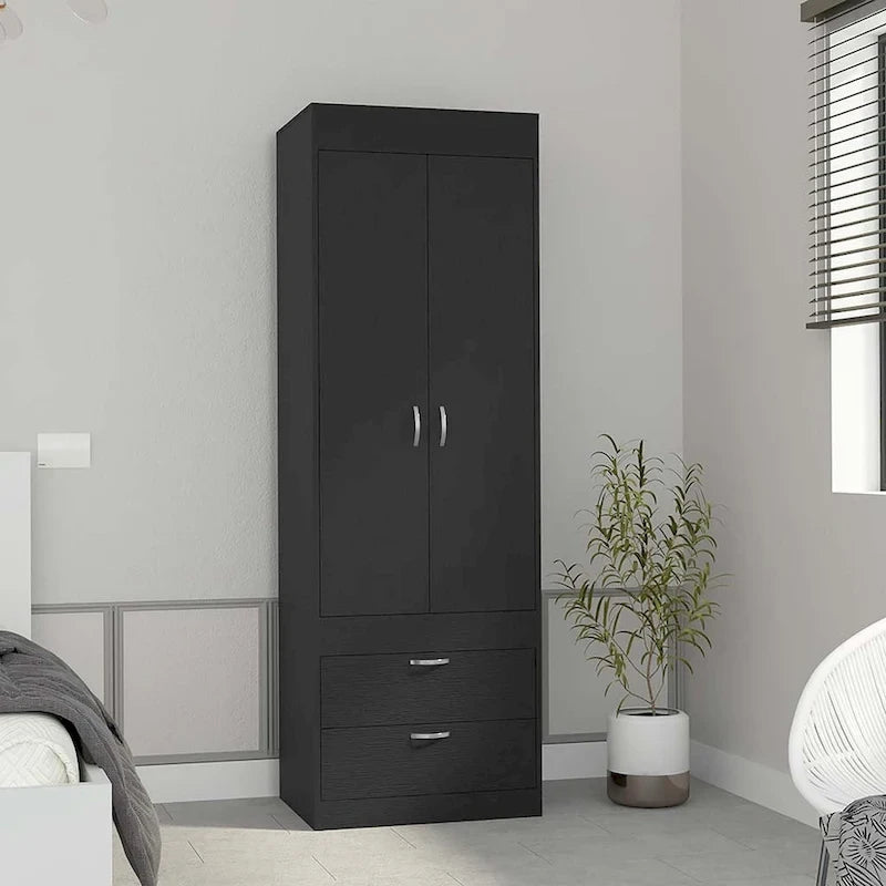 18.9 Armoire moderne à deux portes avec deux tiroirs inférieurs et tringle de suspension pour chambre à coucher