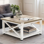 Table basse carrée à plateau relevable Moasis Farmhouse avec étagère de rangement pour salon