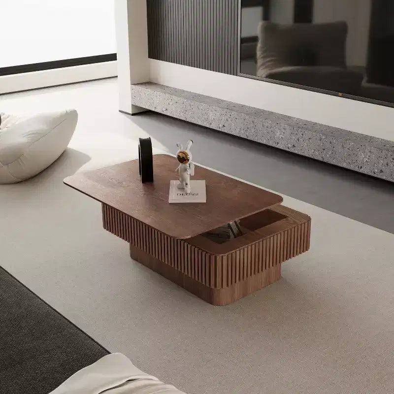 JVNOXK Table basse relevable rainurée 38,6 po avec rangement, table d'appoint moderne à hauteur réglable en placage de bois massif pour salon, chambre, noyer