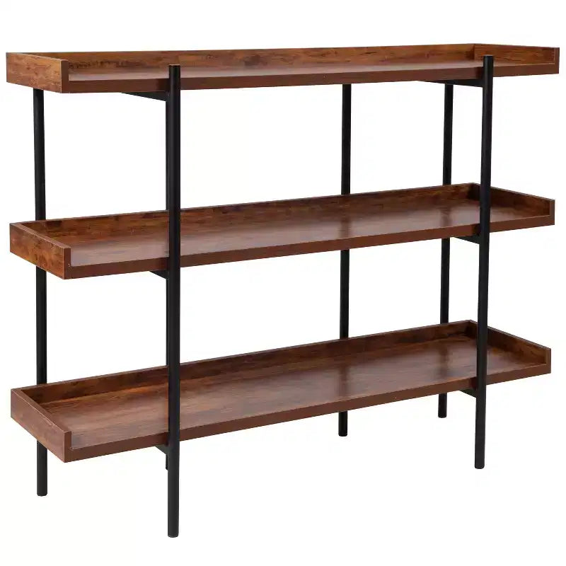 3-Shelf 35H Storage Bookcase with Black Metal Frame – Rustic Wood Grain Finish