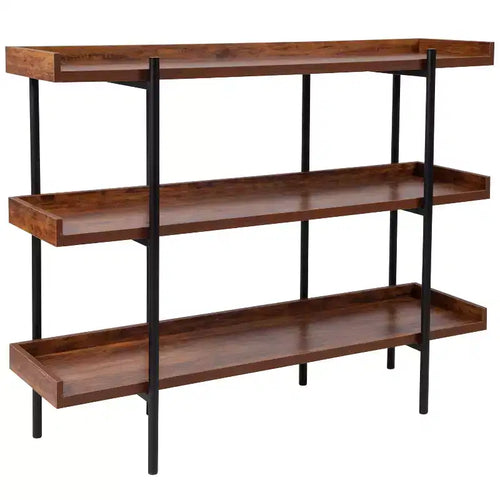 3-Shelf 35H Storage Bookcase with Black Metal Frame – Rustic Wood Grain Finish