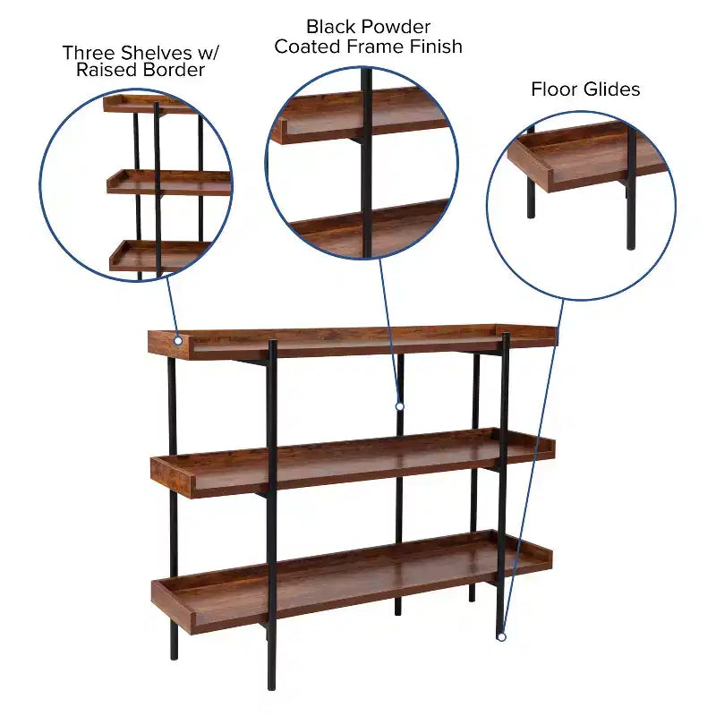 3-Shelf 35H Storage Bookcase with Black Metal Frame – Rustic Wood Grain Finish
