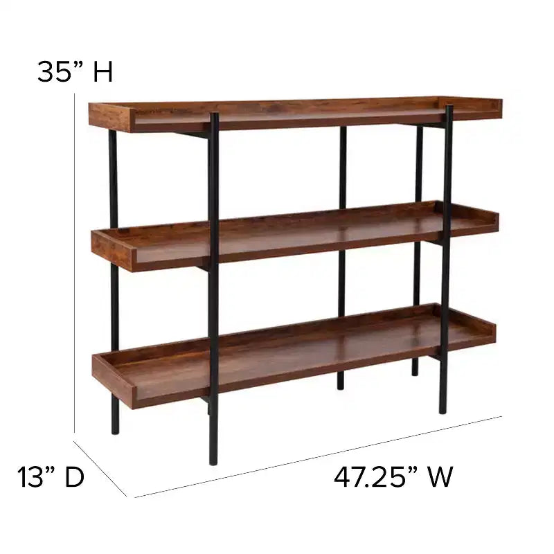3-Shelf 35H Storage Bookcase with Black Metal Frame – Rustic Wood Grain Finish