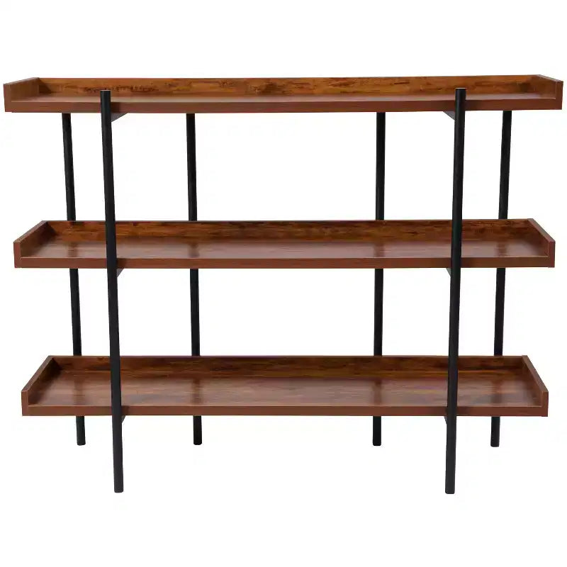 3-Shelf 35H Storage Bookcase with Black Metal Frame – Rustic Wood Grain Finish