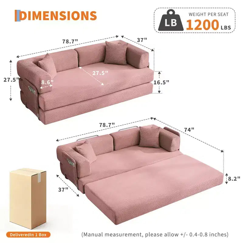 Canapé futon moderne en velours côtelé de 79 po pour petits espaces, canapé-lit convertible 5 en 1 avec accoudoirs et oreillers amovibles