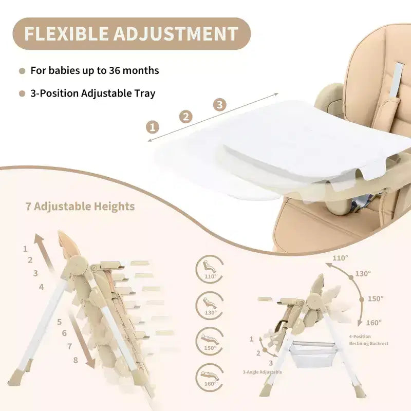 Chaise haute pliable pour bébés et tout-petits, chaise haute en cuir PU avec dossier réglable, hauteur d'assise, plateau amovible, harnais de sécurité 5 points et roues verrouillables