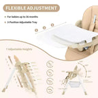 Chaise haute pliable pour bébés et tout-petits, chaise haute en cuir PU avec dossier réglable, hauteur d'assise, plateau amovible, harnais de sécurité 5 points et roues verrouillables