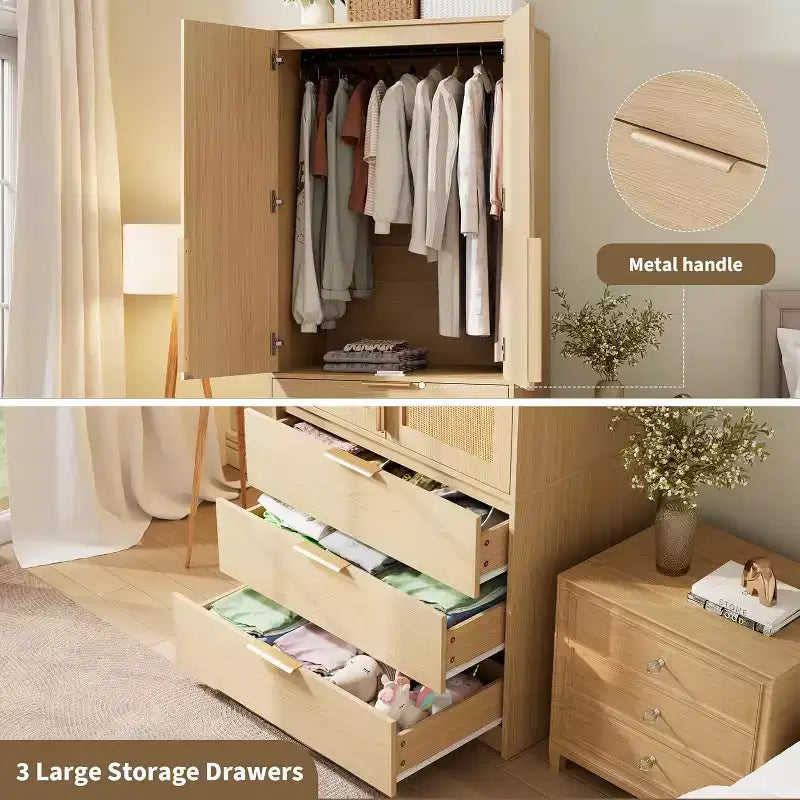 Armoire 2 portes avec 3 tiroirs et tringle de penderie
