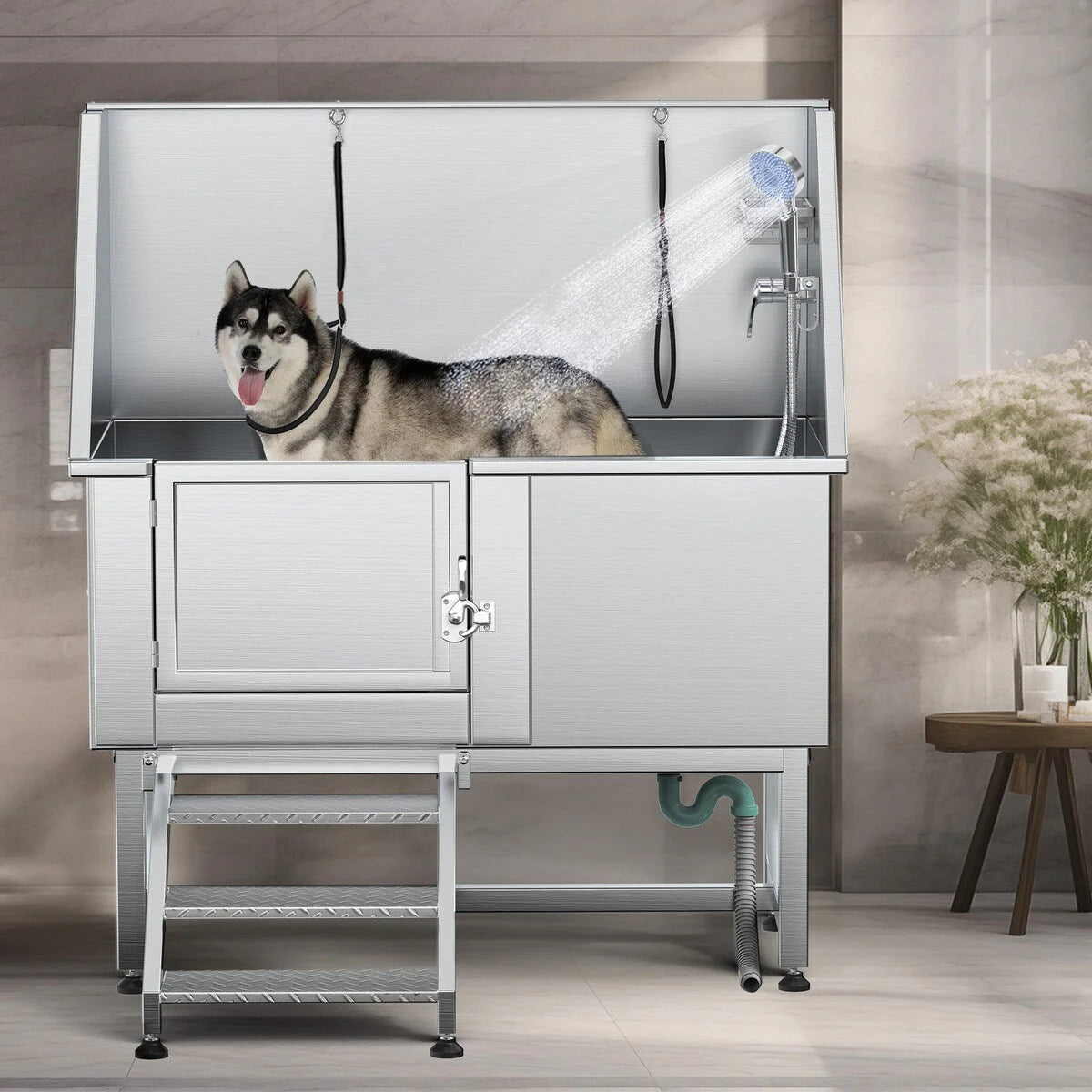 Baignoire de toilettage pour animaux en acier inoxydable de 50 po avec rampe d'accès réglable