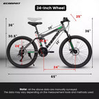 VTT Okak 24 pouces en acier au carbone avec suspension intégrale, vélo homme avec leviers de vitesses 21 vitesses et freins à disque, vélo pour enfants et adultes