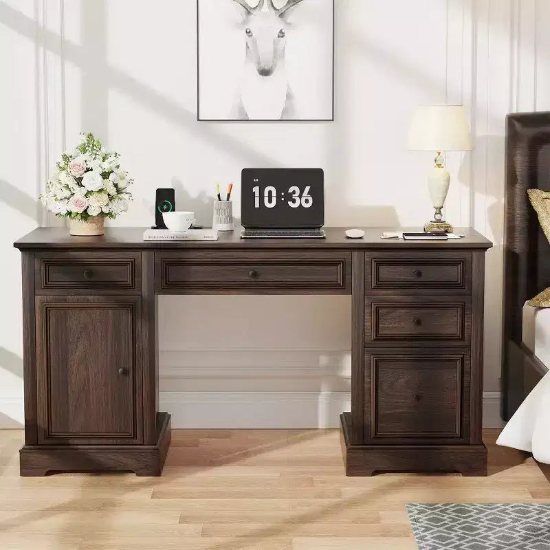 Bureau exécutif 60 po de style campagnard pour bureau à domicile – Bureau d'écriture en bois avec tiroirs, rangement d'armoire, bureau rustique pour le travail et les études