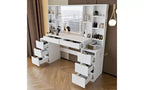 Coiffeuse de 59 pouces avec miroir lumineux, 8 tiroirs, étagères ouvertes pour chambre de fille, éclairage réglable, design gain de place