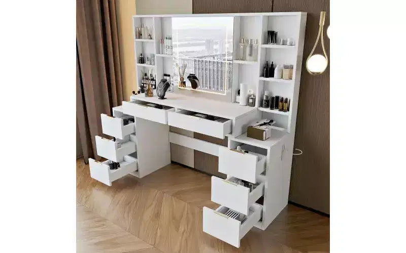 Coiffeuse de 59 pouces avec miroir lumineux, 8 tiroirs, étagères ouvertes pour chambre de fille, éclairage réglable, design gain de place