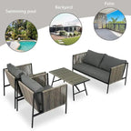Ensemble de patio en corde d'extérieur 4 pièces pour 4 personnes avec coussins et table en verre