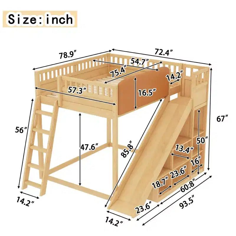 Lit mezzanine Bellemave avec tête de lit rembourrée et étagères de rangement, cadre de lit mezzanine en bois massif avec échelle et toboggan pour enfants