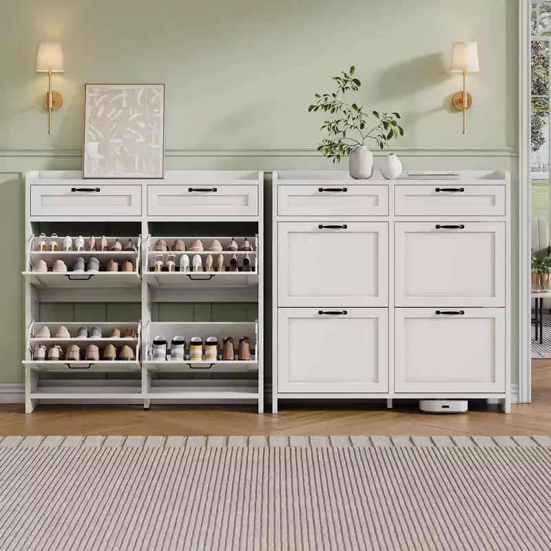 Meuble à chaussures avec 4 tiroirs basculants et 2 tiroirs supérieurs, meuble à chaussures en bois avec étagère réglable, armoires à chaussures autoportantes