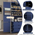 Grand meuble de garde-manger de cuisine avec prises électriques, grand placard autoportant avec support pour micro-ondes, tiroirs, étagères, casiers à vin et étagère de porte