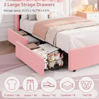 Cadre de lit avec tête de lit de rangement, cadre de lit pour enfant avec 2 tiroirs, lit plateforme capitonné en tissu, tête de lit profilée avec bibliothèque