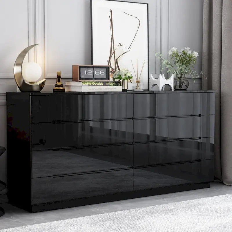 Commode haute brillance 63 po avec 8 tiroirs lumineux et plateau spacieux