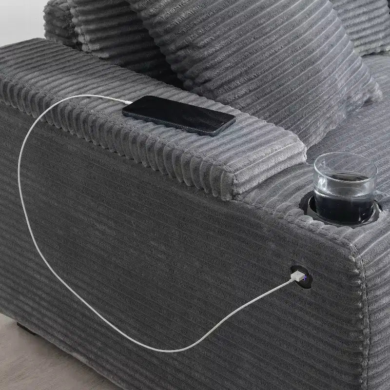 Canapé d'angle modulable en velours côtelé 106 avec accoudoir, rangement, porte-gobelets, chargeur USB et canapé modulaire surdimensionné confortable