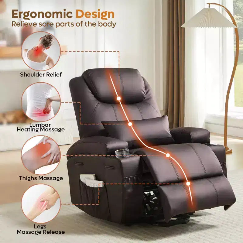 Fauteuil inclinable électrique avec fonction releveur, massage et chauffage Bestier 34,6 po, fauteuil inclinable en similicuir avec poches latérales et porte-gobelets