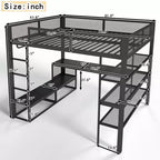 Bellemave Lit mezzanine queen en métal avec bureau, étagères de rangement et tringle à vêtements, cadre de lit mezzanine peu encombrant avec garde-corps et échelle, sans sommier tapissier, noir
