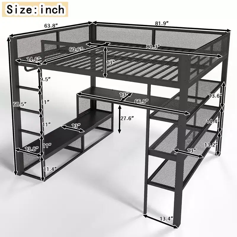 Bellemave Lit mezzanine queen en métal avec bureau, étagères de rangement et tringle à vêtements, cadre de lit mezzanine peu encombrant avec garde-corps et échelle, sans sommier tapissier, noir