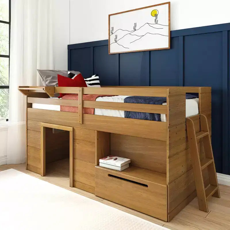 Lit mezzanine bas Max & Lily Modern Farmhouse avec tiroir de rangement, lit en bois massif pour enfants