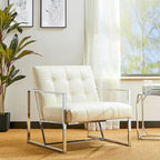 Glitzhome Fauteuil d'appoint touffeté en cuir PU crème, style milieu de siècle, 77,5 cm de hauteur, avec cadre chromé