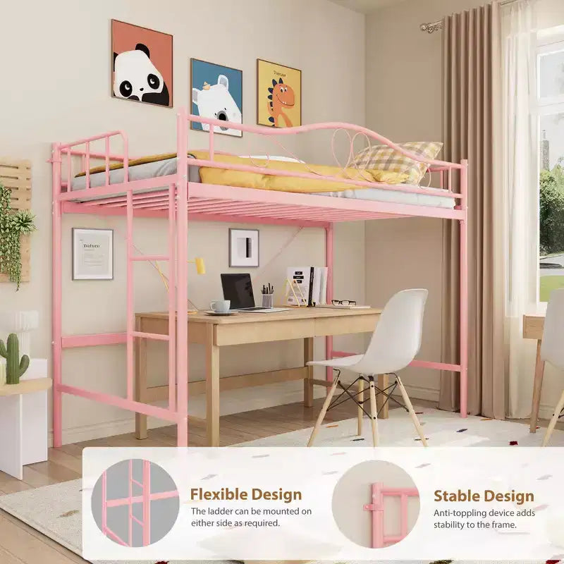 Lit mezzanine double avec échelle amovible et garde-corps de sécurité intégral, lit mezzanine double avec cadre en métal robuste d'une capacité de 180 kg, gain de place.
