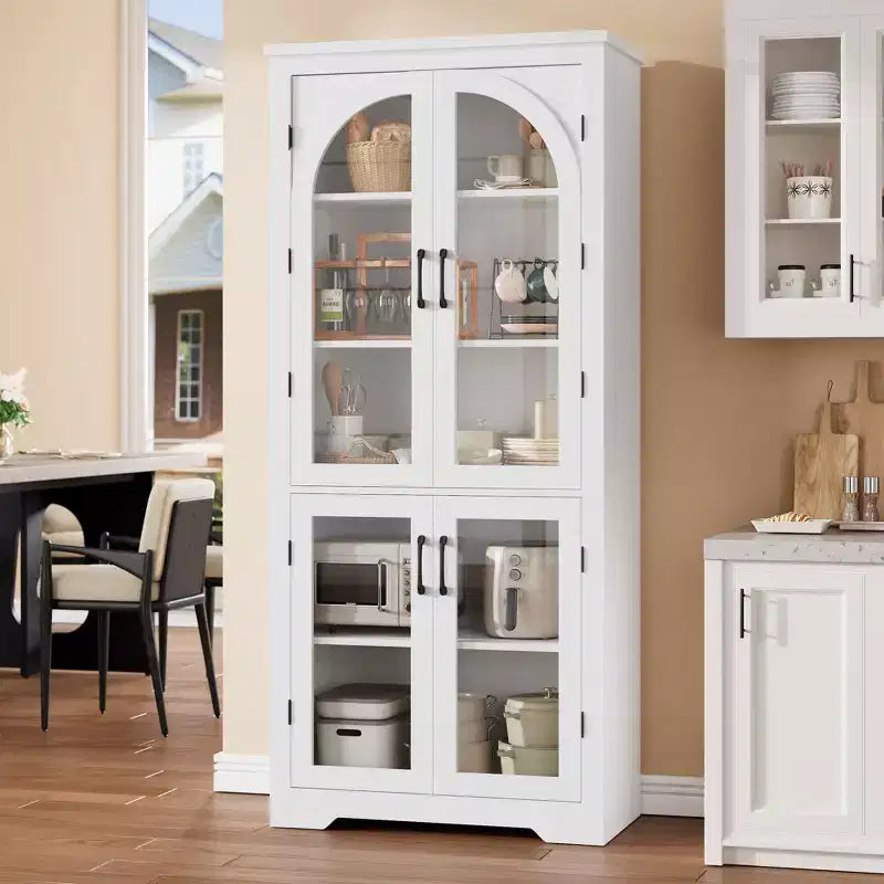 Meuble de rangement de cuisine de 178 cm, buffet moderne avec 4 portes vitrées cintrées et étagères réglables, pour cuisine, salon, salle à manger, salle de bain