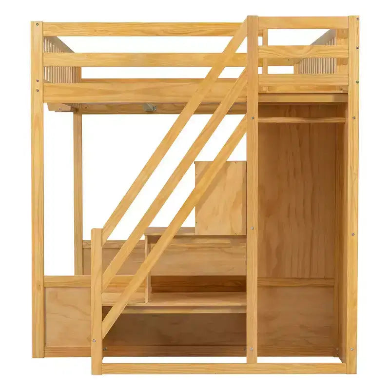 Lit mezzanine double avec escalier, armoire et étagères de rangement – MDF, 295 kg