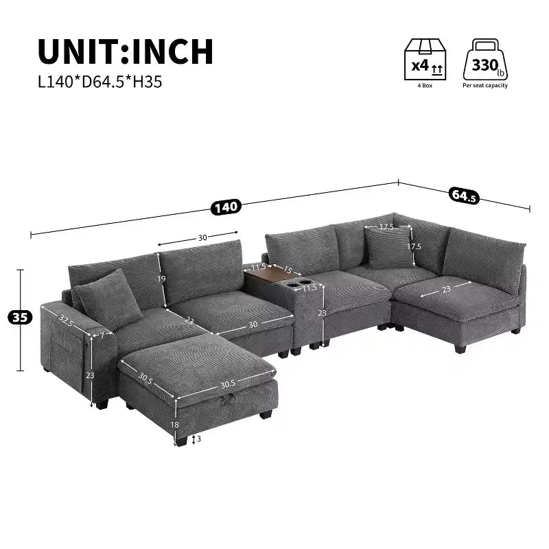Canapé sectionnel modulaire surdimensionné Clihome 140 avec pouf de rangement mobile, porte-gobelet, assise large, chargeur USB, canapé en velours côtelé en forme de U à 6 places
