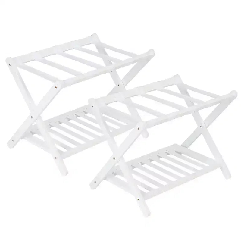 Lot de 2 porte-bagages pliables en bambou avec étagère à 2 niveaux, support de valise blanc de qualité supérieure supportant 68 kg pour chambres et hôtels