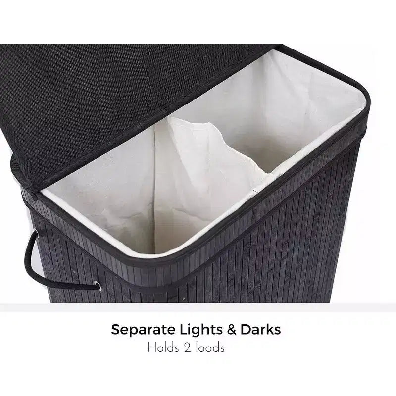 Bamboo Double Laundry Hamper with Lid and Cloth Liner - Black