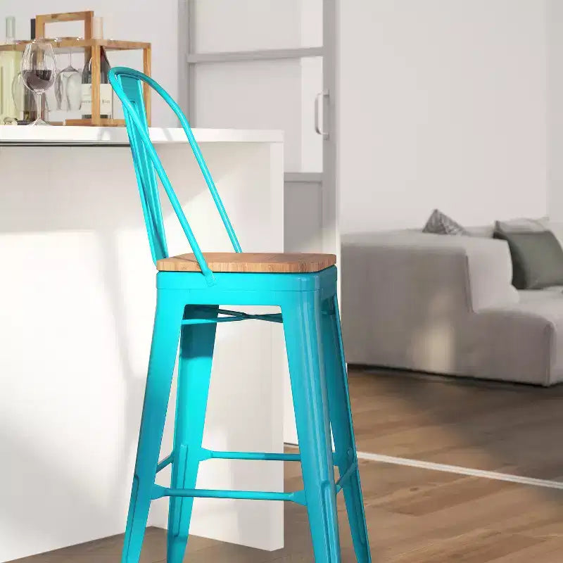 30" Metal Indoor-Outdoor Counter Stool with Vertical Slat Back, Integrated Footrest and Wood Seat
