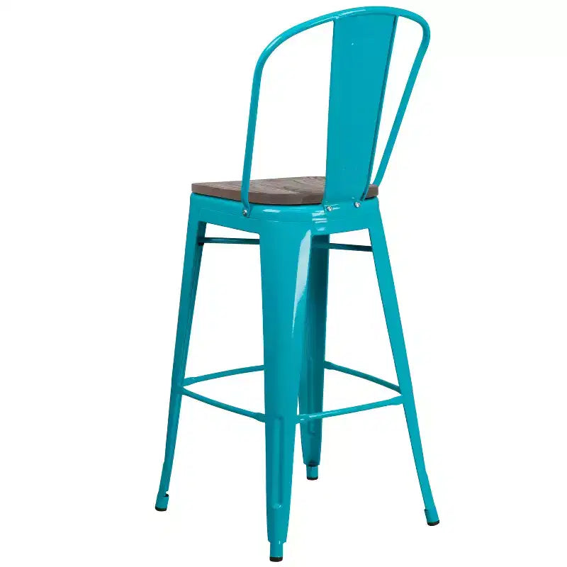 30" Metal Indoor-Outdoor Counter Stool with Vertical Slat Back, Integrated Footrest and Wood Seat