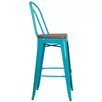 Tabouret de comptoir intérieur/extérieur en métal de 30 po avec dossier à lattes verticales, repose-pieds intégré et siège en bois