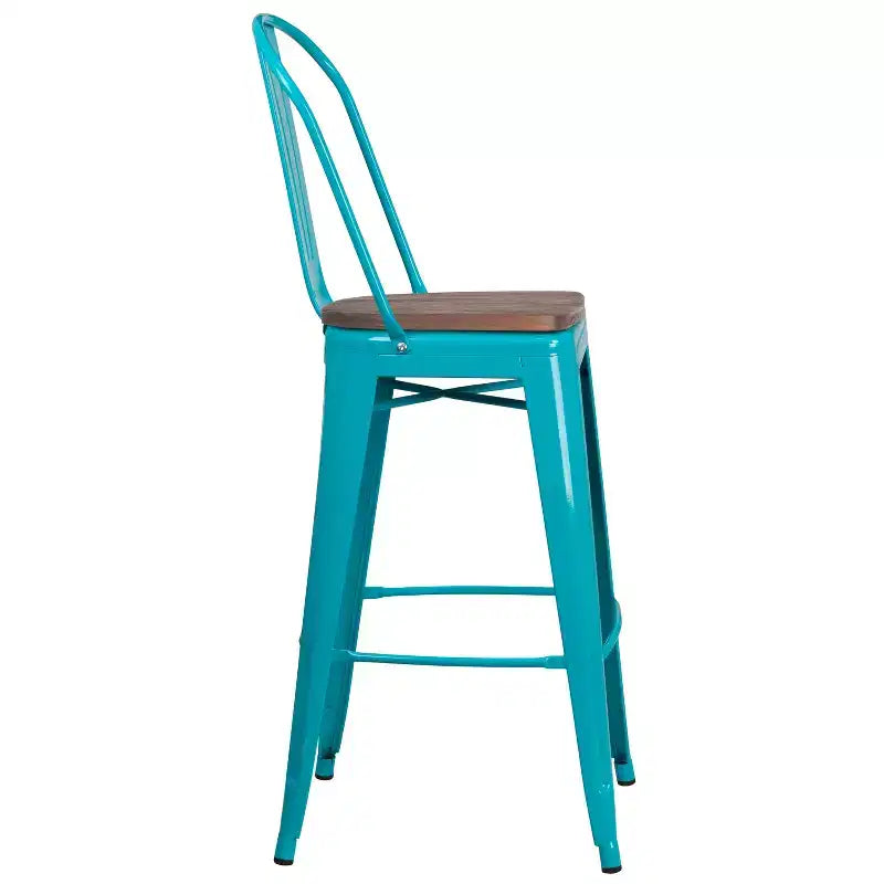 30" Metal Indoor-Outdoor Counter Stool with Vertical Slat Back, Integrated Footrest and Wood Seat