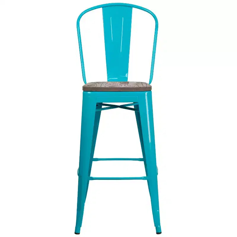 30" Metal Indoor-Outdoor Counter Stool with Vertical Slat Back, Integrated Footrest and Wood Seat