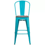 Tabouret de comptoir intérieur/extérieur en métal de 30 po avec dossier à lattes verticales, repose-pieds intégré et siège en bois