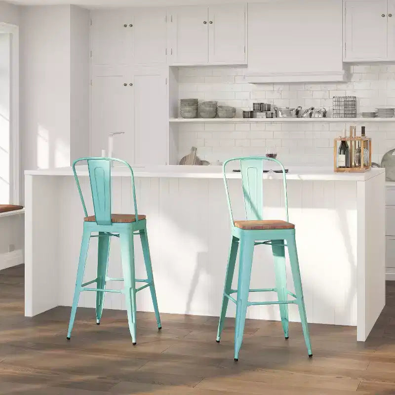 30" Metal Indoor-Outdoor Counter Stool with Vertical Slat Back, Integrated Footrest and Wood Seat