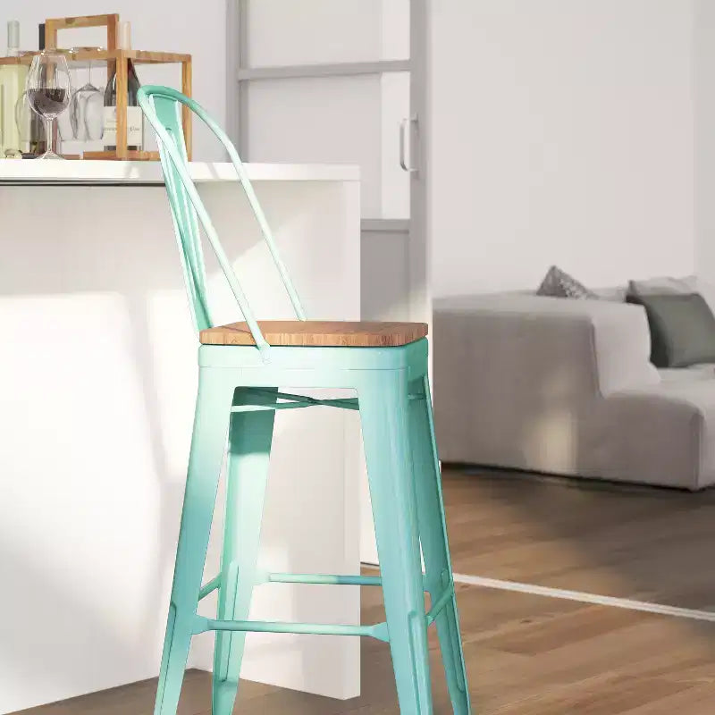 30" Metal Indoor-Outdoor Counter Stool with Vertical Slat Back, Integrated Footrest and Wood Seat