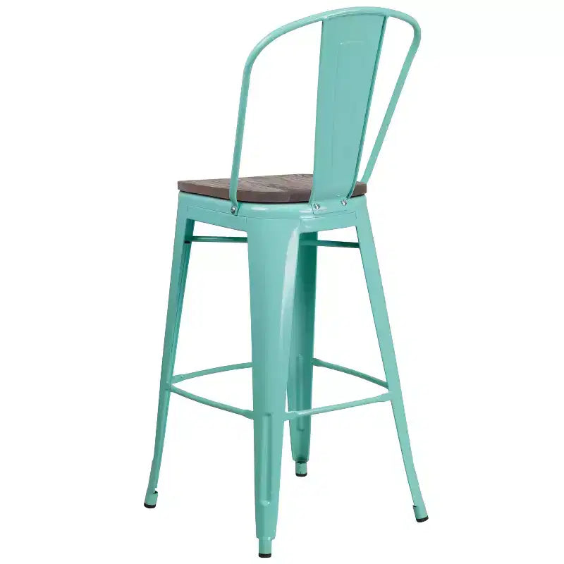 30" Metal Indoor-Outdoor Counter Stool with Vertical Slat Back, Integrated Footrest and Wood Seat